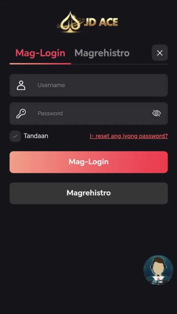 Screenshot of the JD ACE Casino login page, with fields to enter your username and password for secure access.